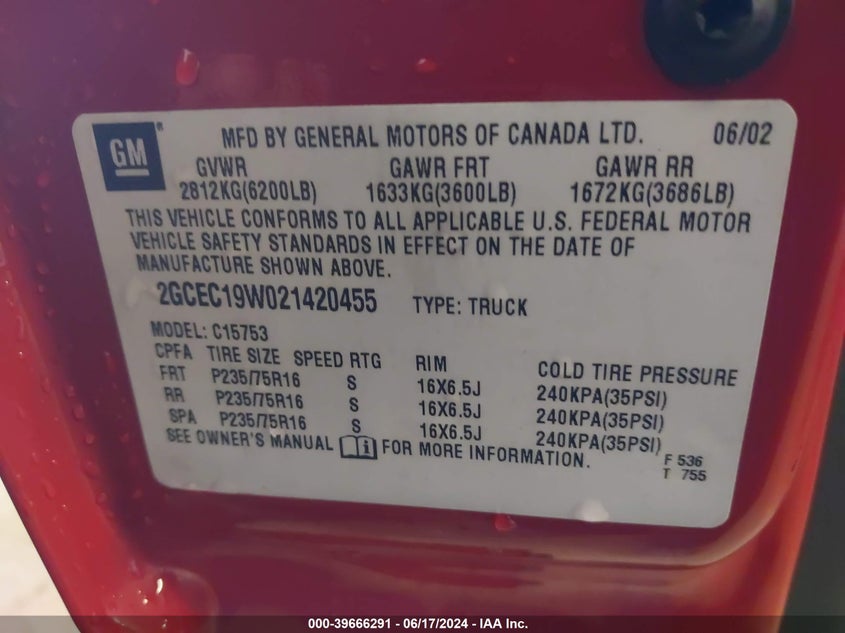 2002 Chevrolet Silverado C1500 VIN: 2GCEC19W021420455 Lot: 39666291