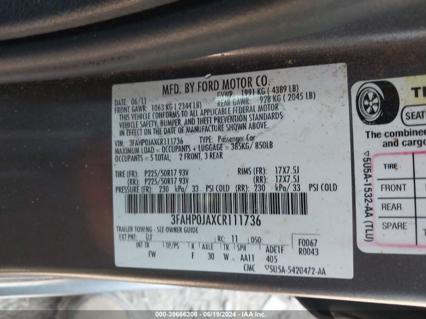 2012 Ford Fusion Sel VIN: 3FAHP0JAXCR111736 Lot: 39666308