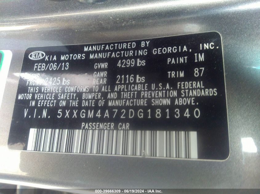 2013 Kia Optima Lx VIN: 5XXGM4A72DG181340 Lot: 39666309