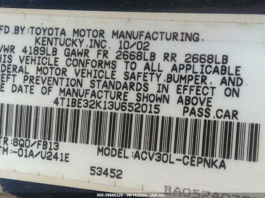 2003 Toyota Camry Le VIN: 4T1BE32K13U652015 Lot: 39666329