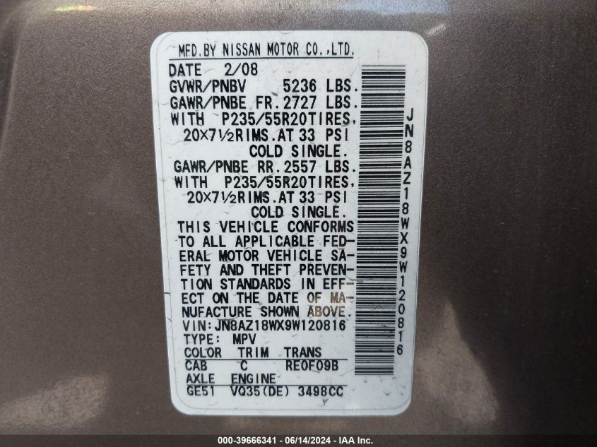 2009 Nissan Murano Le VIN: JN8AZ18WX9W120816 Lot: 39666341