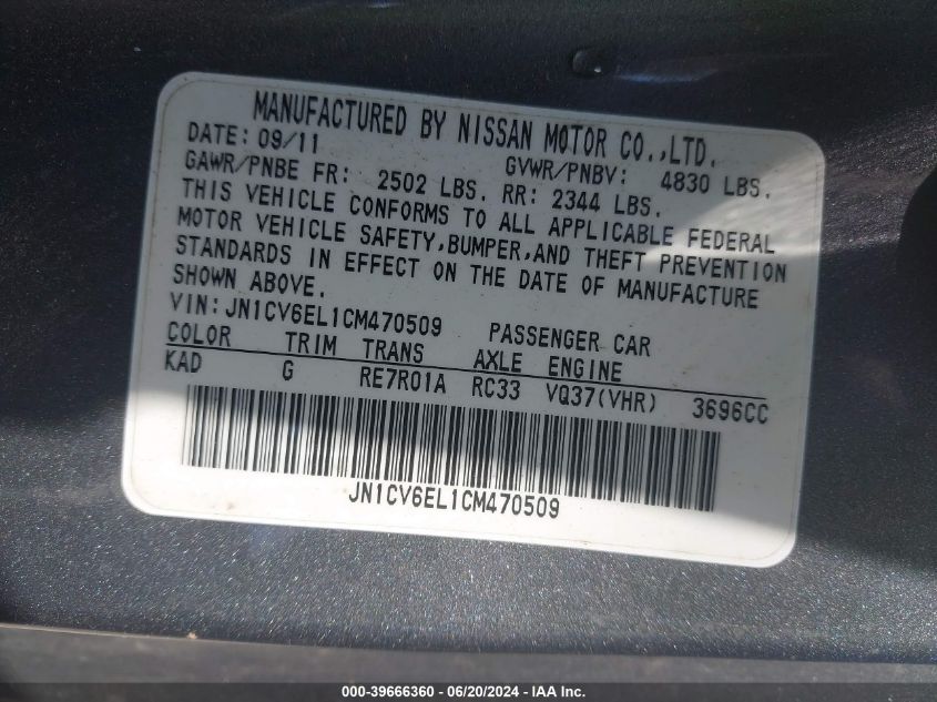 2012 Infiniti G37X VIN: JN1CV6EL1CM470509 Lot: 39666360