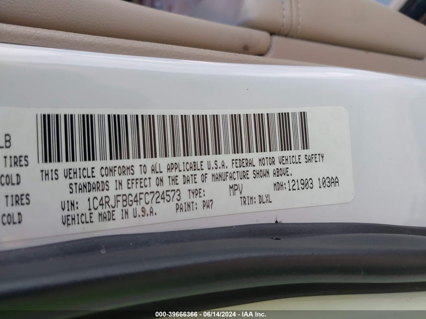 2015 Jeep Grand Cherokee Limited VIN: 1C4RJFBG4FC724573 Lot: 39666366