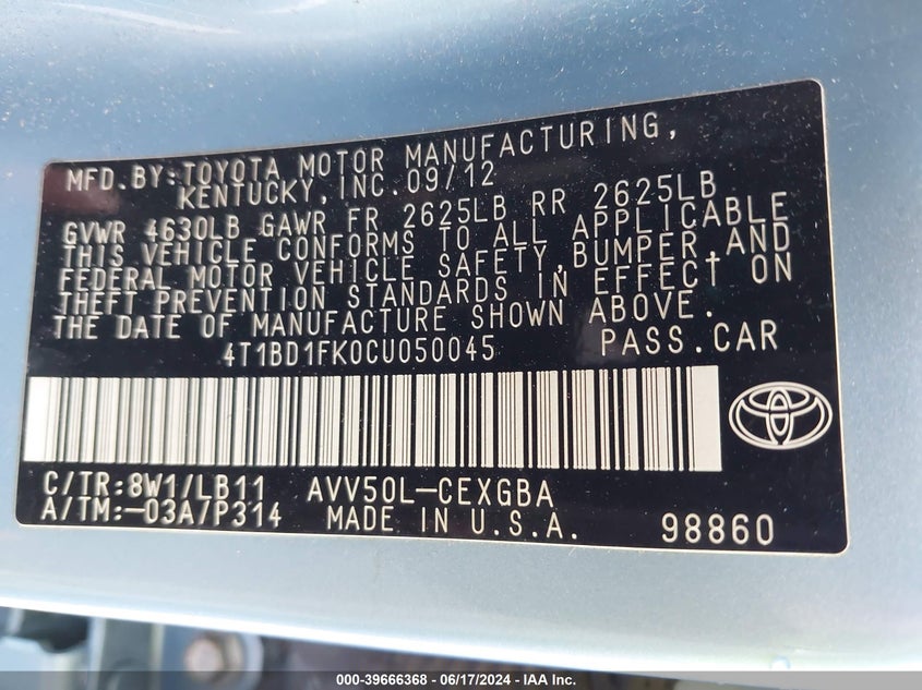 2012 Toyota Camry Hybrid Xle VIN: 4T1BD1FK0CU050045 Lot: 39666368