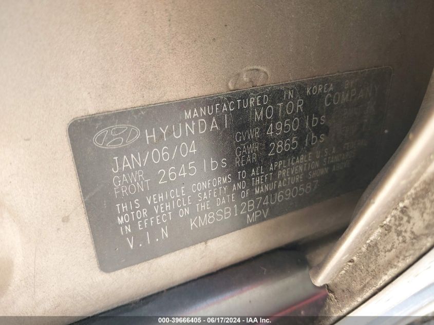 2004 Hyundai Santa Fe VIN: KM8SB12B74U690587 Lot: 39666405