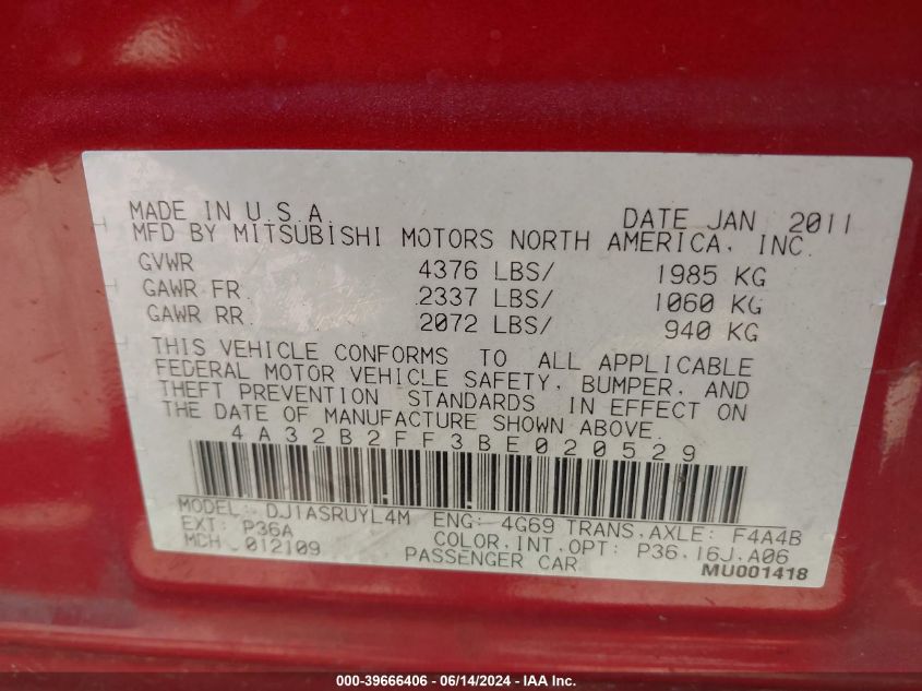 2011 Mitsubishi Galant Es VIN: 4A32B2FF3BE020529 Lot: 39666406