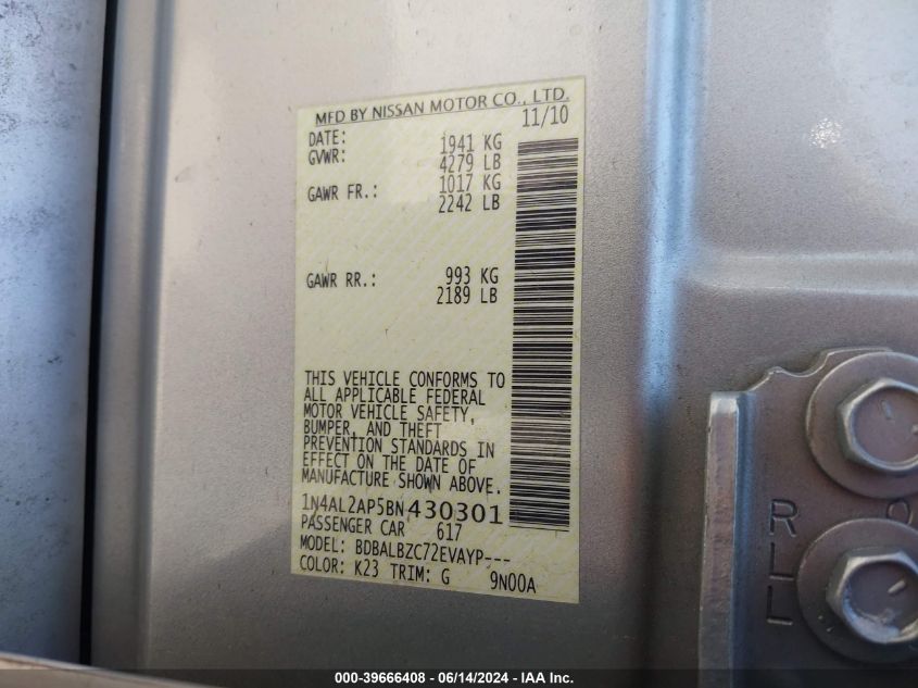 2011 Nissan Altima 2.5 S VIN: 1N4AL2AP5BN430301 Lot: 39666408