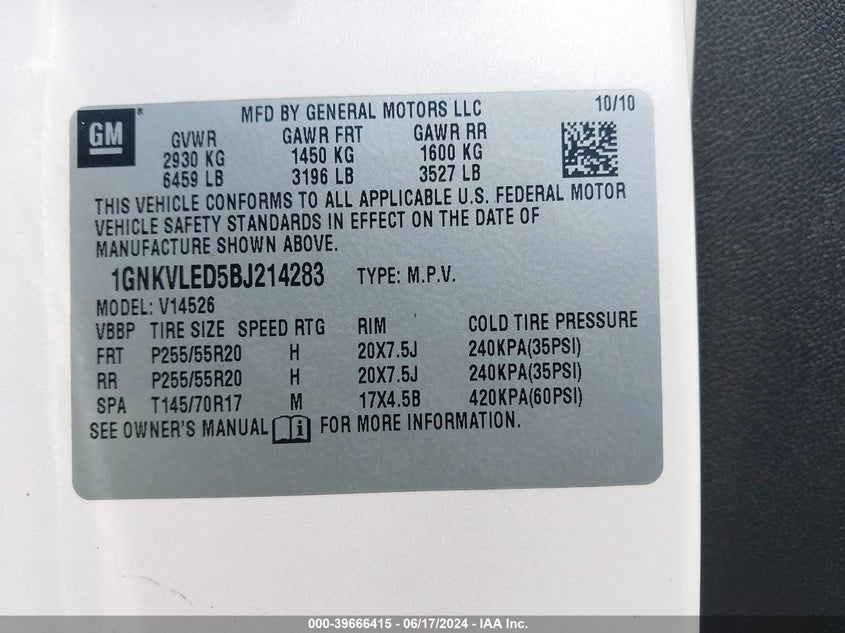 2011 Chevrolet Traverse Ltz VIN: 1GNKVLED5BJ214283 Lot: 39666415