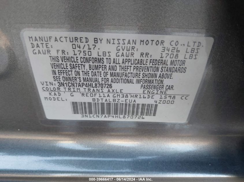 2017 Nissan Versa 1.6 Sv VIN: 3N1CN7AP4HL870726 Lot: 39666417