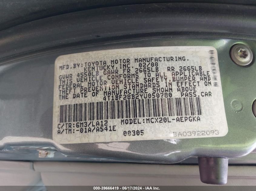 2000 Toyota Avalon Xls VIN: 4T1BF28B2YU050780 Lot: 39666419