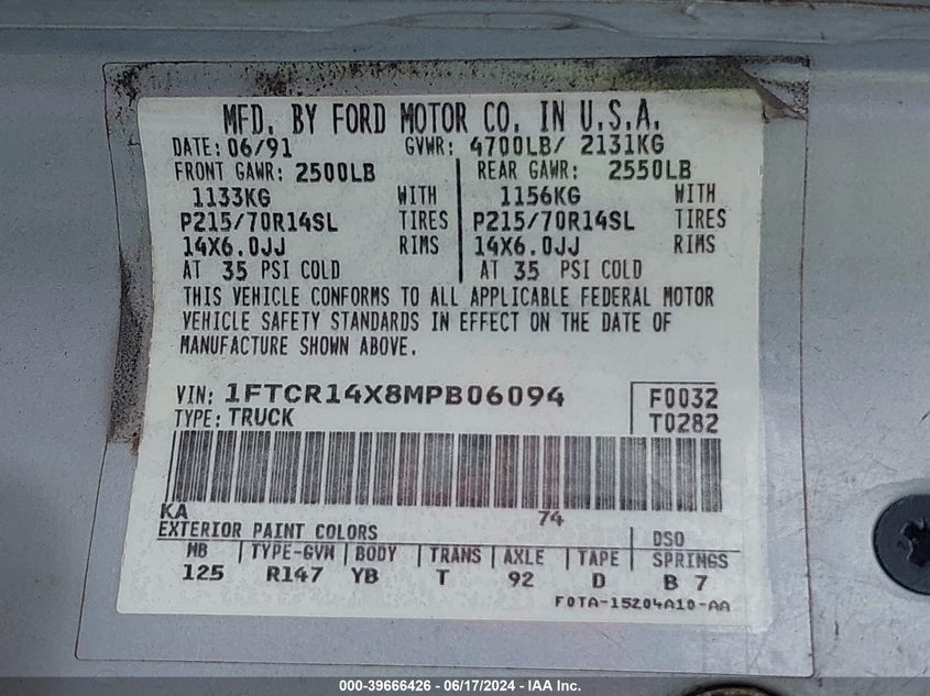 1991 Ford Ranger Super Cab VIN: 1FTCR14X8MPB06094 Lot: 39666426