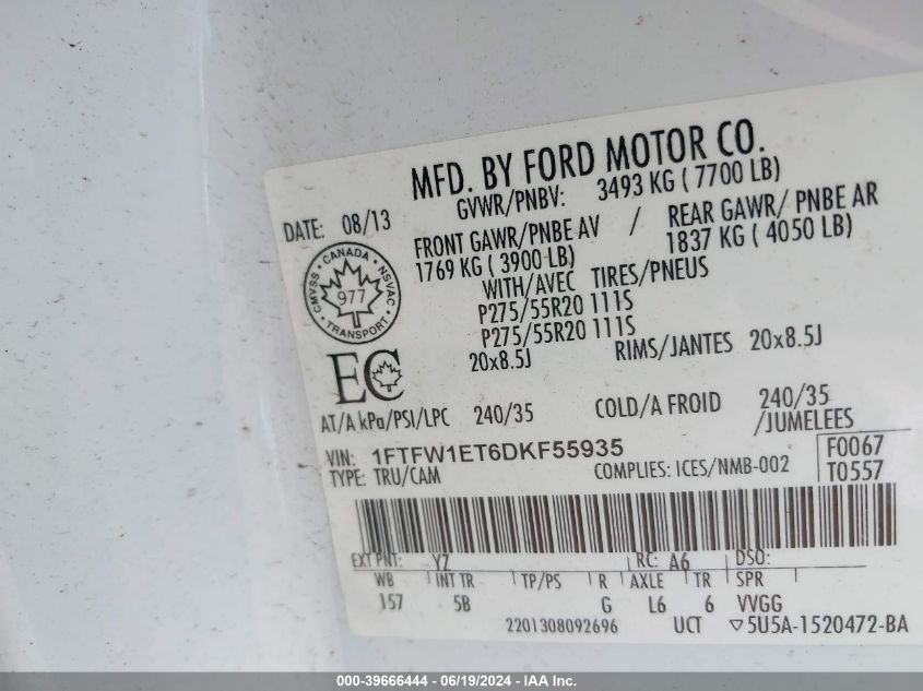 2013 Ford F-150 Fx4 VIN: 1FTFW1ET6DKF55935 Lot: 39666444