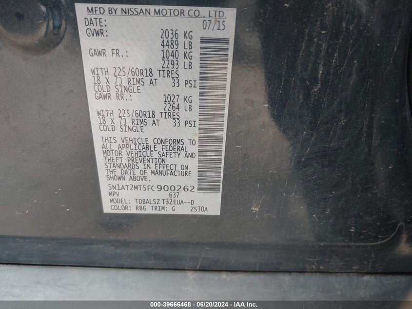 2015 Nissan Rogue Sl VIN: 5N1AT2MT5FC900262 Lot: 39666468