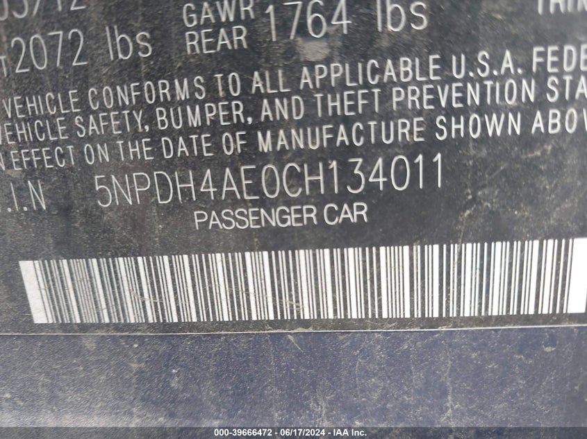 2012 Hyundai Elantra Gls VIN: 5NPDH4AE0CH134011 Lot: 39666472