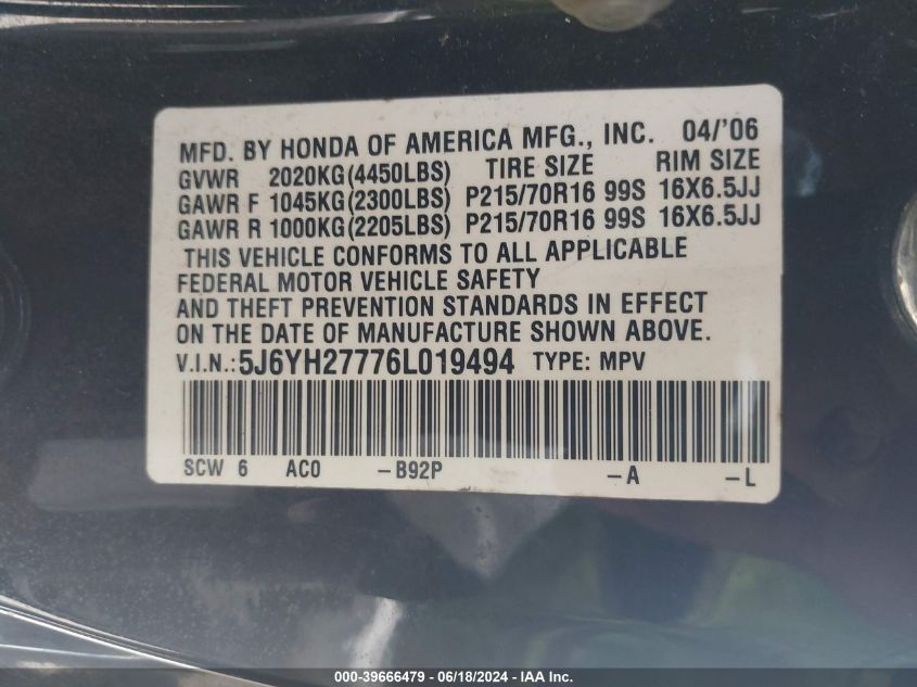 2006 Honda Element Ex-P VIN: 5J6YH27776L019494 Lot: 39666479