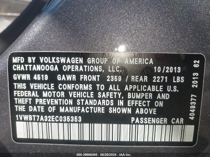 2014 Volkswagen Passat 1.8T Se VIN: 1VWBT7A32EC035353 Lot: 39666485