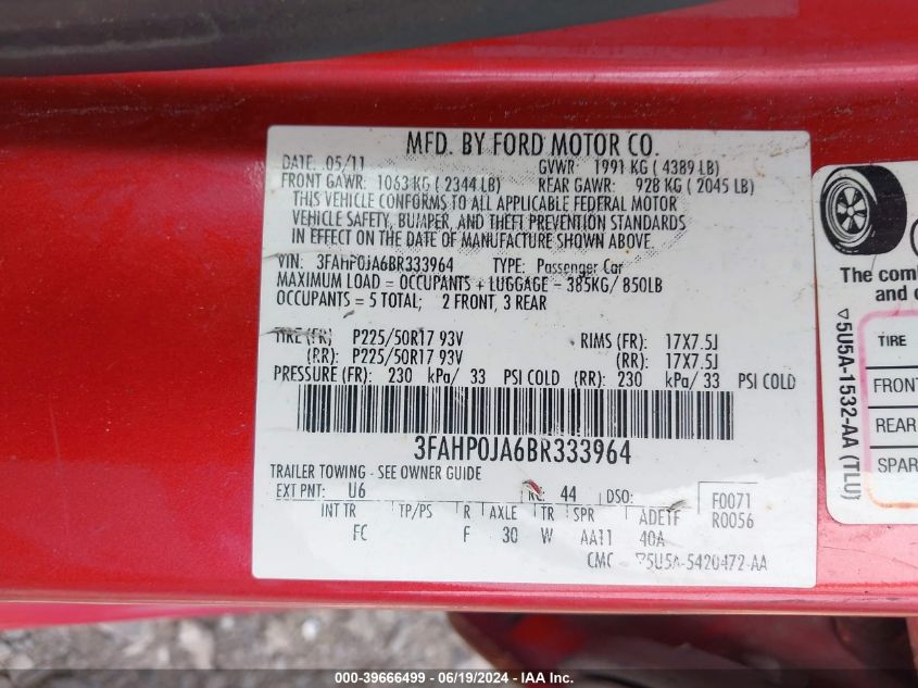 2011 Ford Fusion Sel VIN: 3FAHP0JA6BR333964 Lot: 39666499