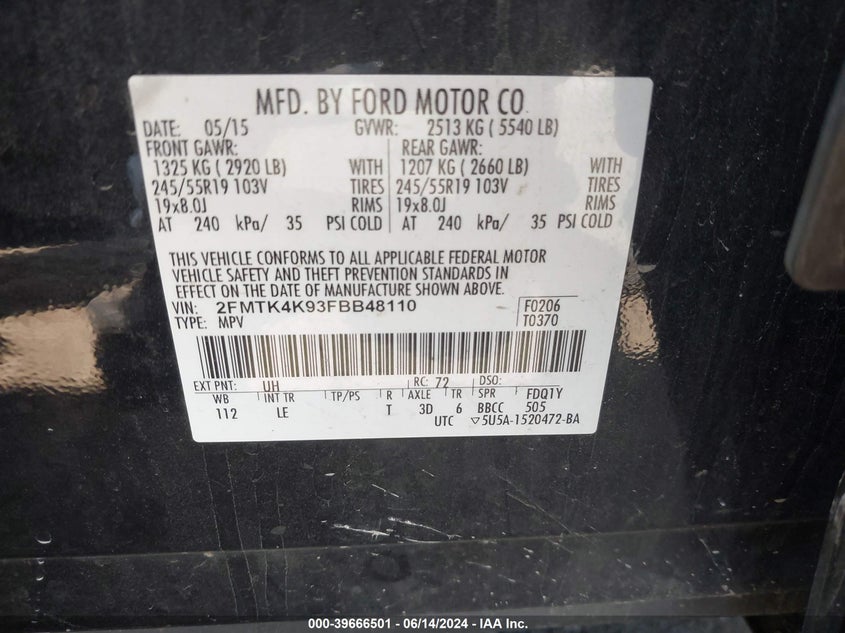 2015 Ford Edge Titanium VIN: 2FMTK4K93FBB48110 Lot: 39666501