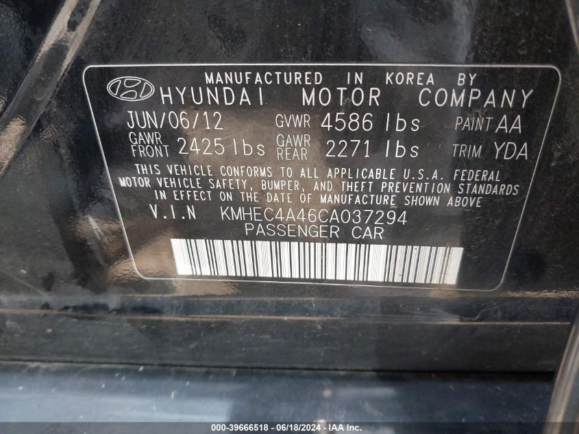 2012 Hyundai Sonata Hybrid VIN: KMHEC4A46CA037294 Lot: 39666518