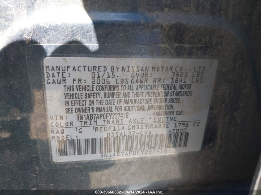 2015 Nissan Sentra Sv VIN: 3N1AB7AP0FY227418 Lot: 39666532