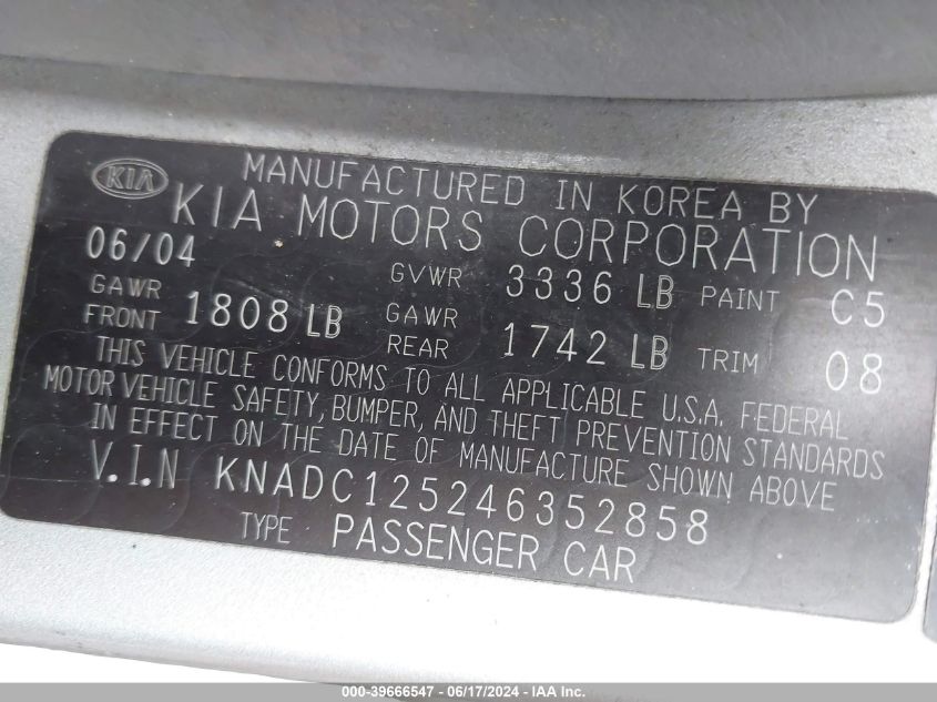 2004 Kia Rio VIN: KNADC125246352858 Lot: 39666547