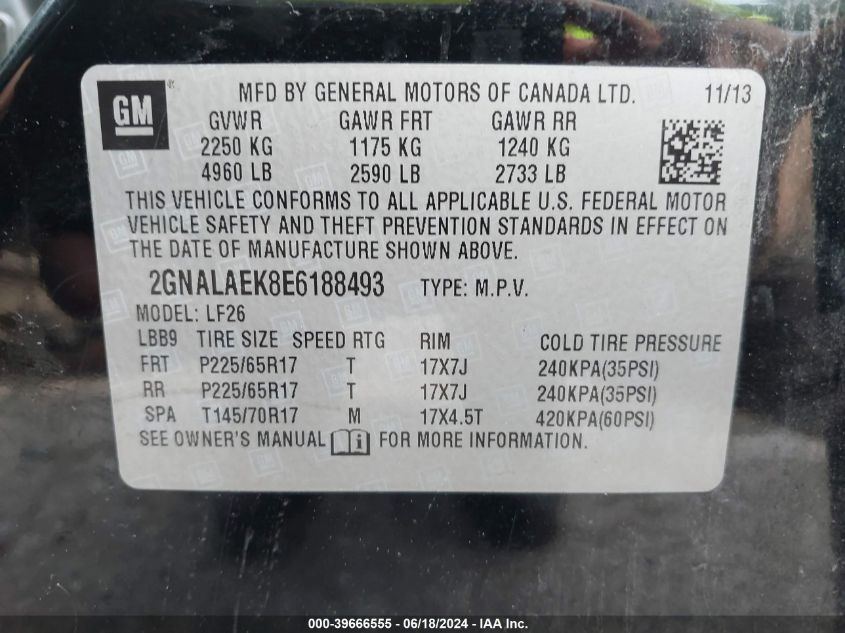 2014 Chevrolet Equinox Ls VIN: 2GNALAEK8E6188493 Lot: 39666555