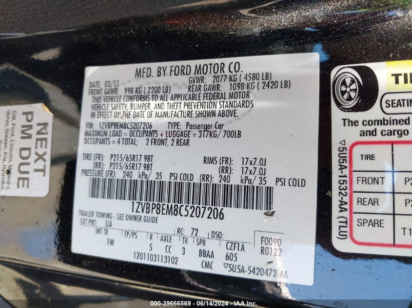 2012 Ford Mustang V6 VIN: 1ZVBP8EM8C5207206 Lot: 39666569