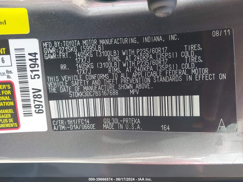 2011 Toyota Sienna Le V6 VIN: 5TDKK3DC7BS167688 Lot: 39666574