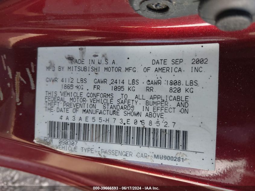 2003 Mitsubishi Eclipse Spyder Gt VIN: 4A3AE55H73E068527 Lot: 39666593