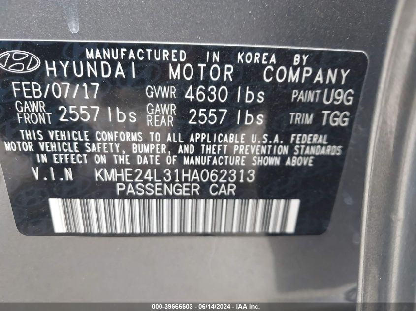 2017 Hyundai Sonata Hybrid Se VIN: KMHE24L31HA062313 Lot: 39666603