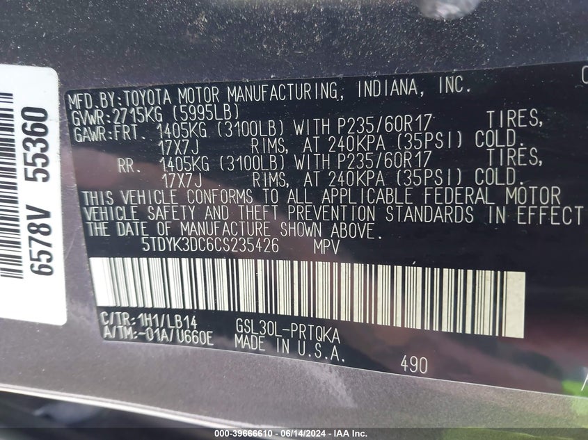 2012 Toyota Sienna Xle V6 8 Passenger VIN: 5TDYK3DC6CS235426 Lot: 39666610