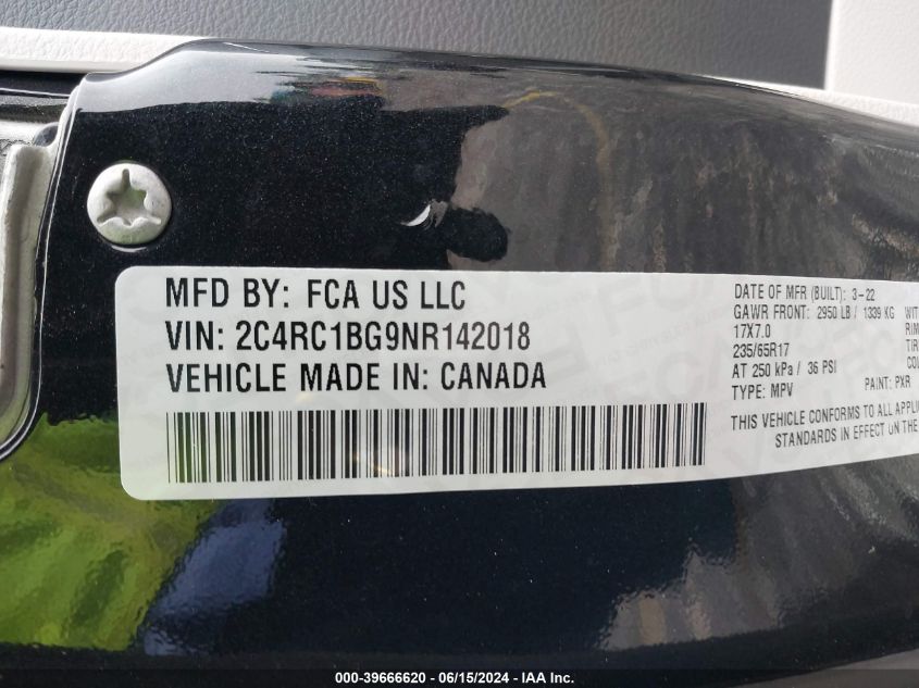 2022 Chrysler Pacifica Touring L VIN: 2C4RC1BG9NR142018 Lot: 39666620