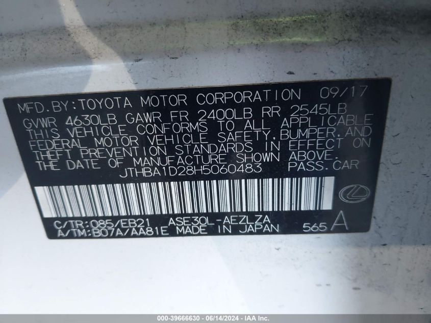 2017 Lexus Is 200T VIN: JTHBA1D28H5060483 Lot: 39666630