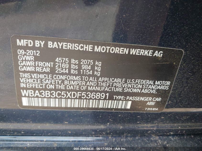2013 BMW 328I xDrive VIN: WBA3B3C5XDF536891 Lot: 39666635