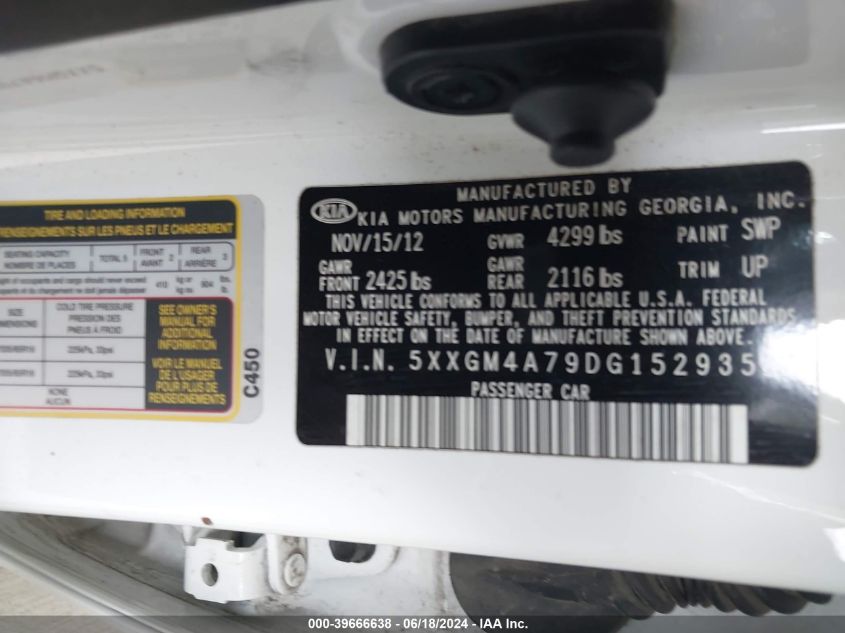 2013 Kia Optima Lx VIN: 5XXGM4A79DG152935 Lot: 39666638