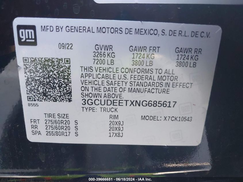2022 Chevrolet Silverado 1500 4Wd Short Bed Rst VIN: 3GCUDEETXNG685617 Lot: 39666651