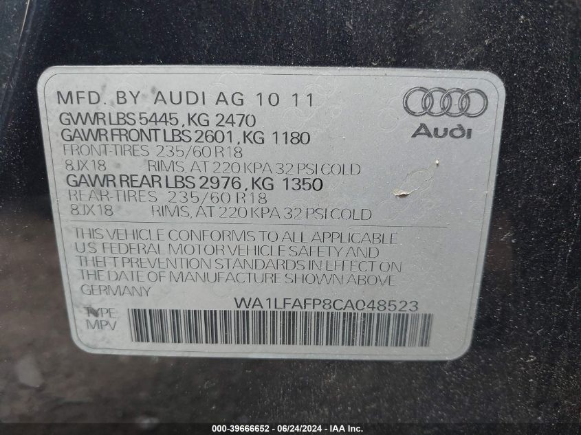 2012 Audi Q5 2.0T Premium VIN: WA1LFAFP8CA048523 Lot: 39666652