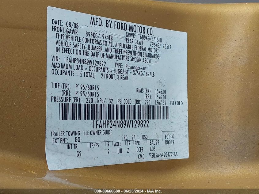 2009 Ford Focus S VIN: 1FAHP34N89W129822 Lot: 39666688