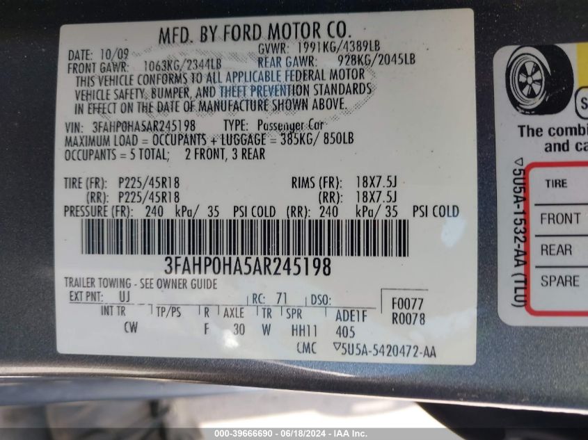2010 Ford Fusion Se VIN: 3FAHP0HA5AR245198 Lot: 39666690