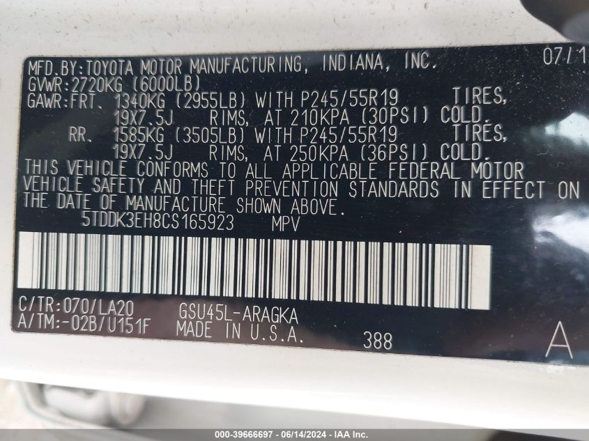 2012 Toyota Highlander Limited V6 VIN: 5TDDK3EH8CS165923 Lot: 39666697