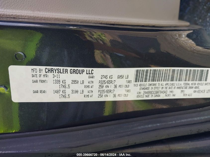 2011 Chrysler Town & Country Touring-L VIN: 2A4RR8DG3BR704943 Lot: 39666720