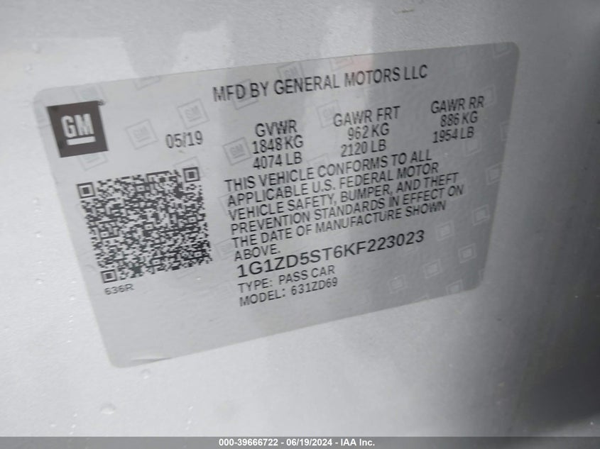 2019 Chevrolet Malibu Lt VIN: 1G1ZD5ST6KF223023 Lot: 39666722