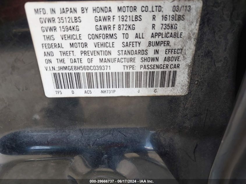 2013 Honda Fit Sport VIN: JHMGE8H56DC039371 Lot: 39666737