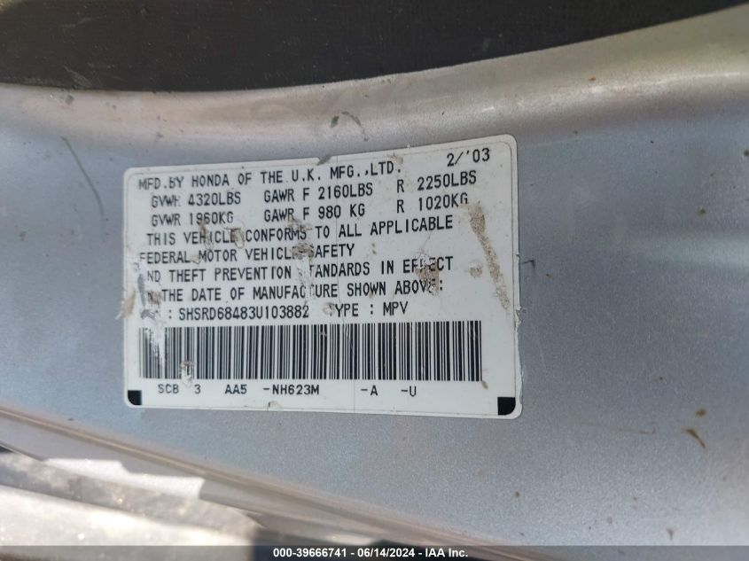 2003 Honda Cr-V Lx VIN: SHSRD68483U103882 Lot: 39666741