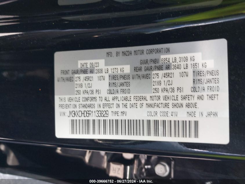 2024 Mazda Cx-90 Premium VIN: JM3KKDHD6R1133829 Lot: 39666752