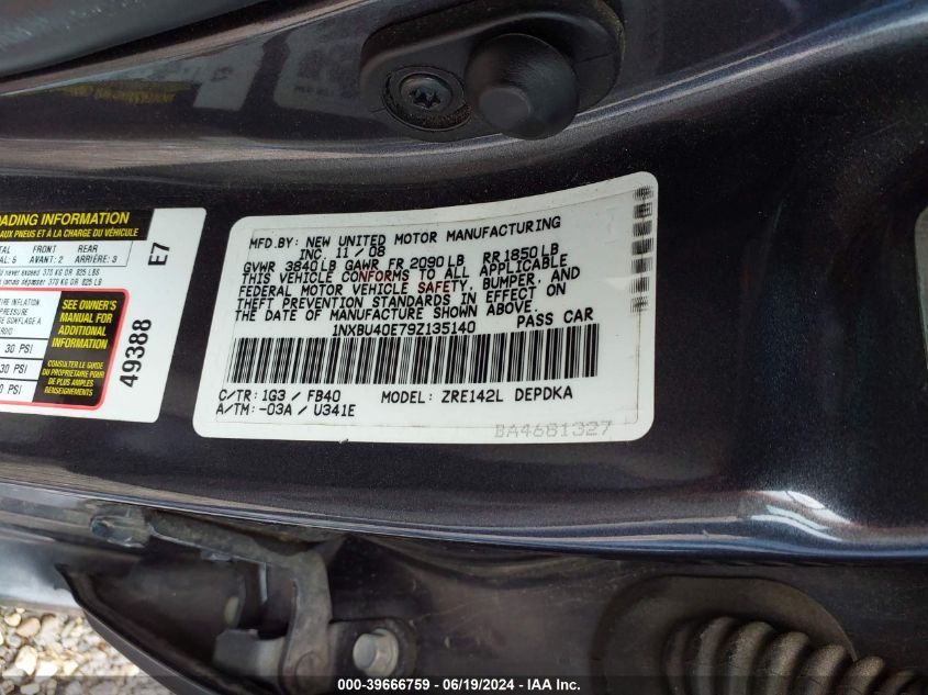 2009 Toyota Corolla Le VIN: 1NXBU40E79Z135140 Lot: 39666759