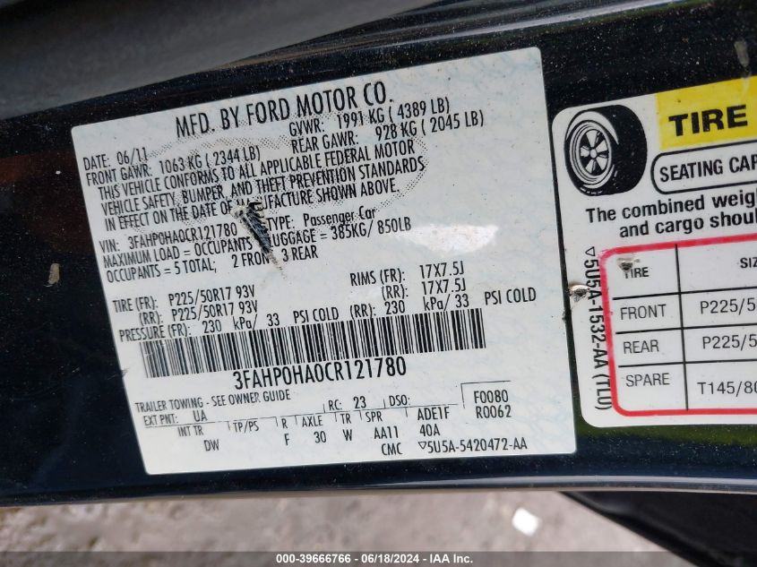 2012 Ford Fusion Se VIN: 3FAHP0HA0CR121780 Lot: 39666766