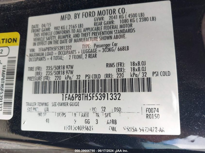 2015 Ford Mustang Ecoboost VIN: 1FA6P8TH5F5391332 Lot: 39666780