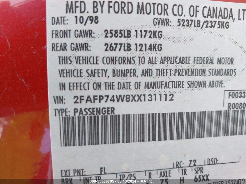 1999 Ford Crown Victoria Lx VIN: 2FAFP74W8XX131112 Lot: 39666785