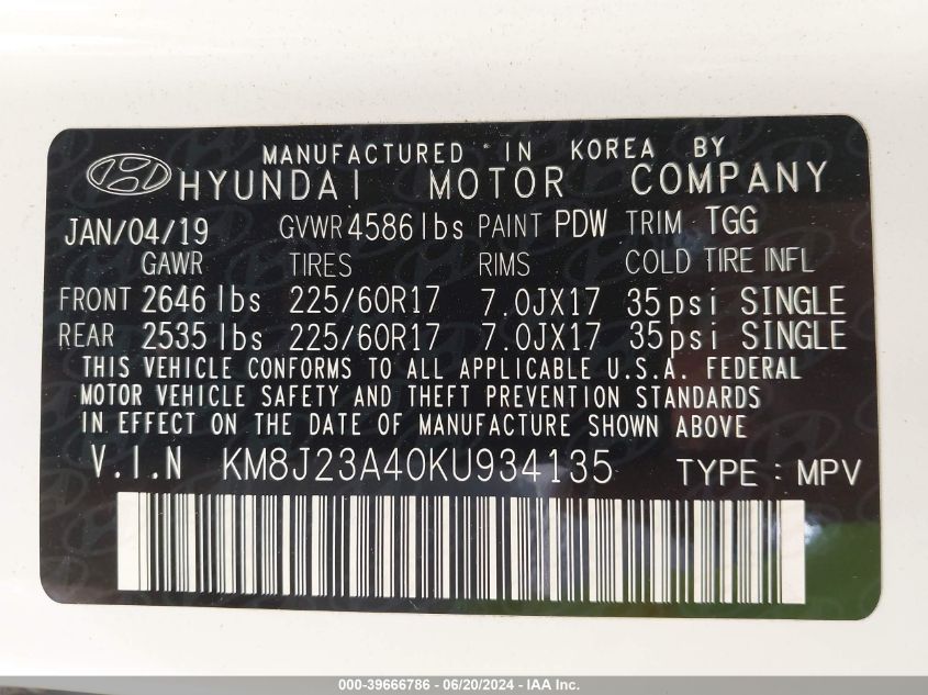 2019 Hyundai Tucson Se VIN: KM8J23A40KU934135 Lot: 39666786